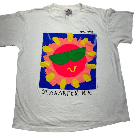 Vintage T Shirt Neon St Maarten NA Fluorescent 1990 Bye‎ Bye Medium - Picture 1 of 10